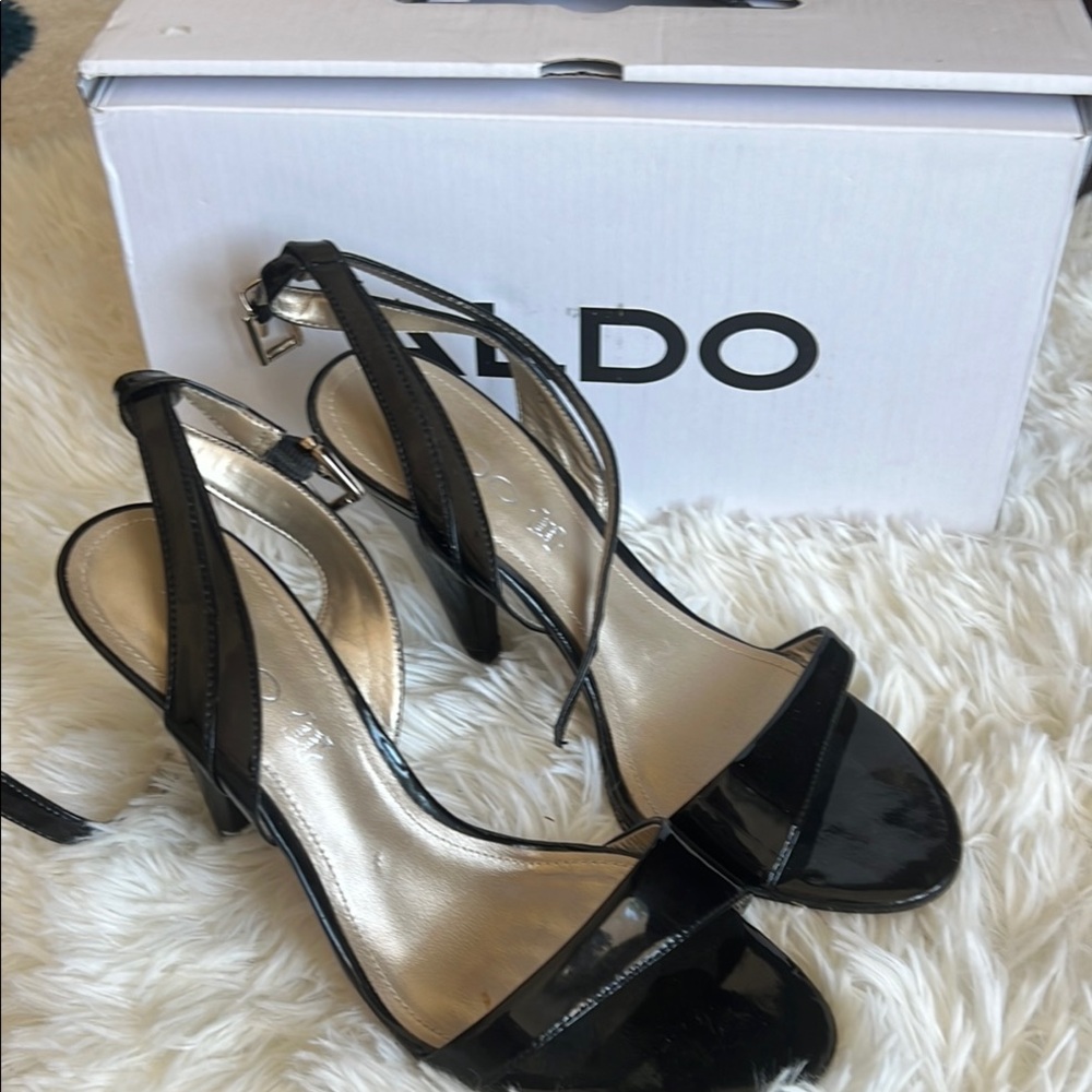 Aldo Black Patent Heels with Ankle Strap